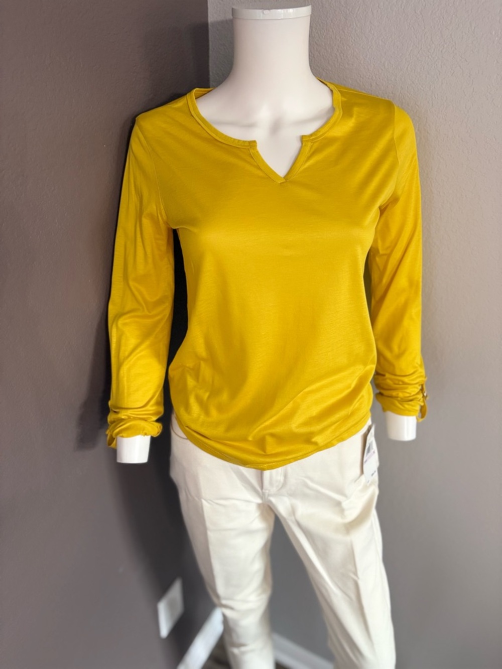 Massimo Dutti Mustard Yellow Long-Sleeve V-Notch Top